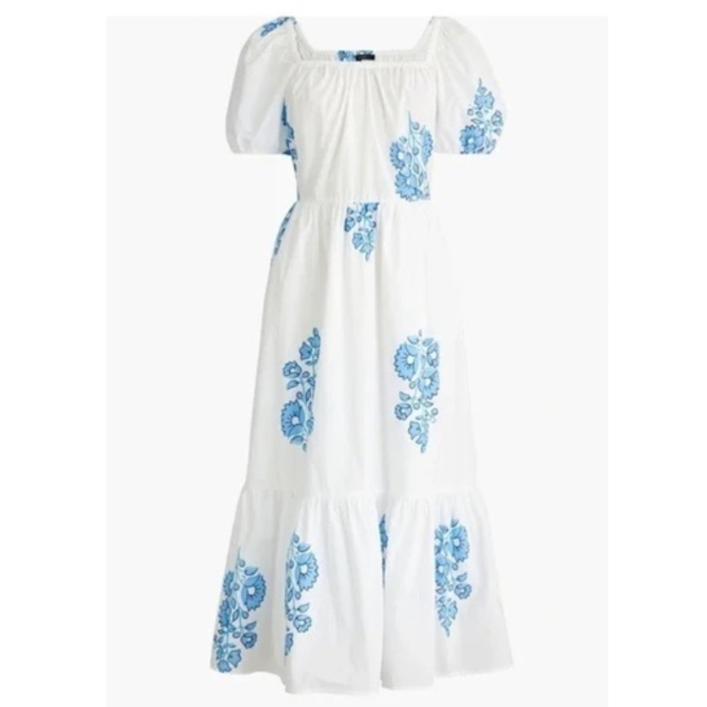 NWT J.Crew Womens White Blue Floral Puff Sleeve Cotton Midi Dress BI226 Size 0